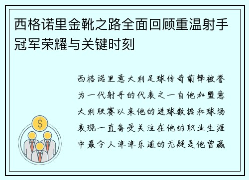 西格诺里金靴之路全面回顾重温射手冠军荣耀与关键时刻